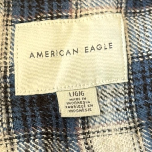AMERICAN EAGLE PLAID FLANNEL HOODED BUTTON LONG SLEEVE SHIRT, SIZE L - Picture 8 of 9
